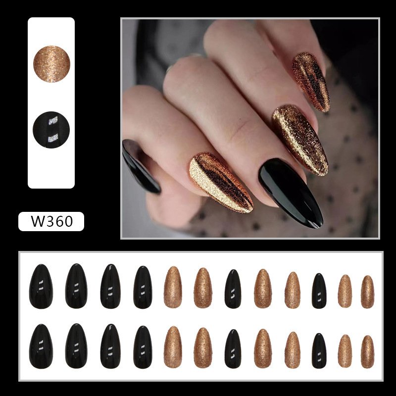 Ongles artificiels tendance – noir et doré brillant style US / Flash Black Gold American Nails – Image 5