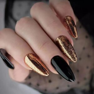Ongles artificiels tendance – noir et doré brillant style US  / Flash Black Gold American Nails