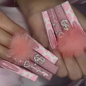 Ongles artificiels tendance – effet coton candy et diamants / Cotton Candy Ball Diamond Wear Ballet Armor Gentle Girl Fake Nails