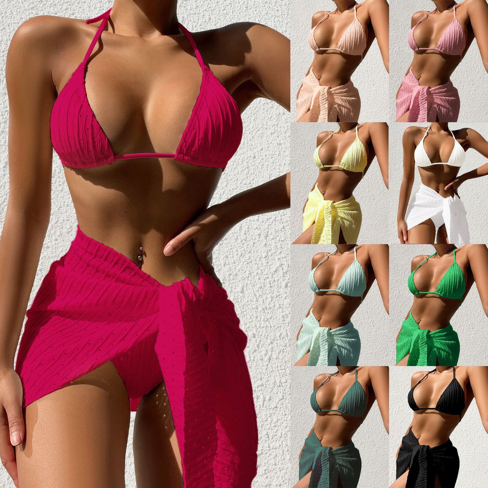 Ensemble de maillot de bain 3 pièces – Bikini dos nu sexy avec jupe en tulle, couleur unie, été femme 3pcs Halterneck Swimsuit Set Beach Solid Color Sexy Backless Bikini With Mesh Skirt Summer Womens Clothing