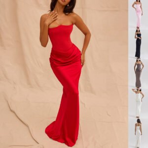 Robe longue moulante à bretelles – Sexy, dos nu, bandeau, soirée et fête pour femme / Slim Tube Top Long Dress Sexy Fashion Bandeau Backless Party Evening Dresses For Women Clothing