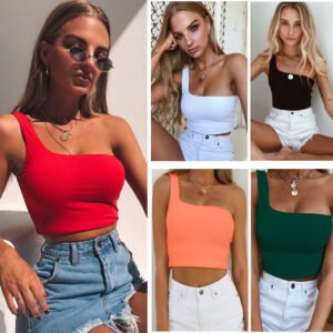 Débardeur court d’été femme – sexy, asymétrique à une épaule, sans manches / Summer Sexy One-shoulder Vest Crop Top Sleeveless T-Shirt Tank Tops Women Clothing